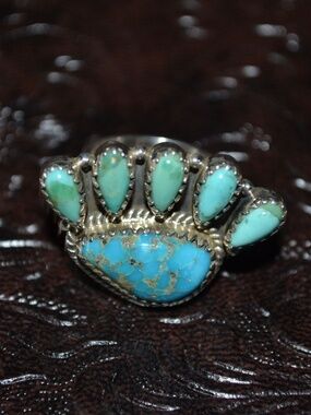 Kingman Turquoise Cluster Ring Sterling 925 ADJUSTABLE Southwest